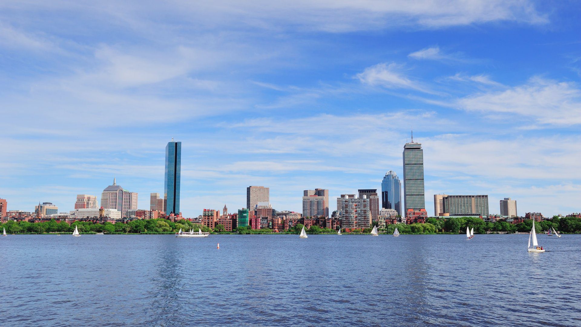 View of a city skyline with tall buildings across a body of water, where several sailboats are visible under a partly cloudy blue sky.