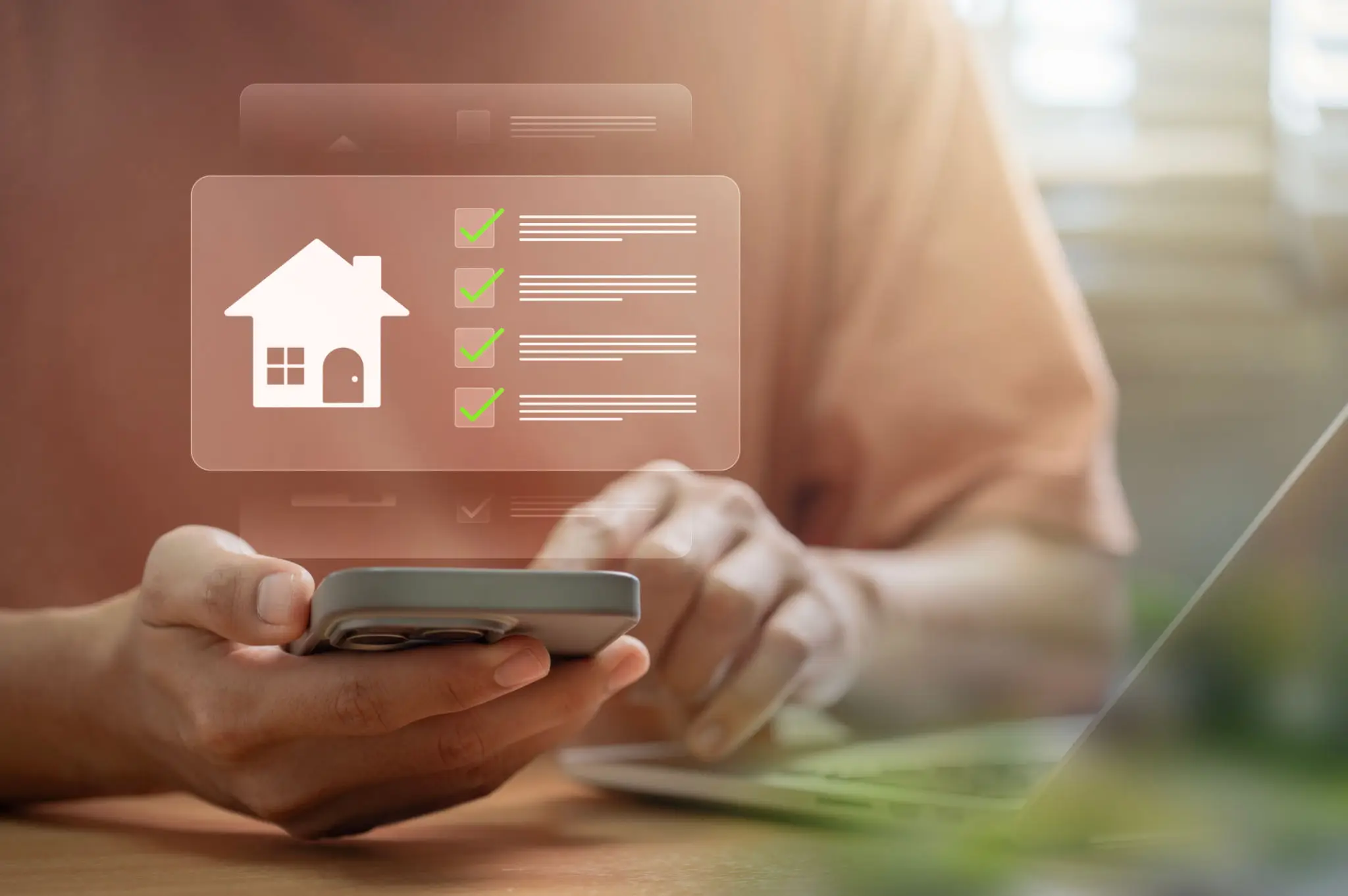 Person managing home-related tasks on a smartphone with checklist interface.